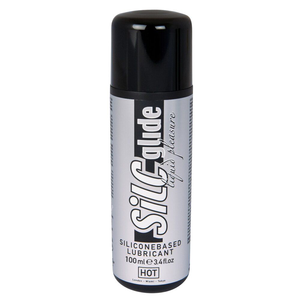Zylindrische Flasche mit schwarzem Deckel. Aufschrift SILC glide, darunter SILICONEBASED LUBRICANT. Mit HOT.