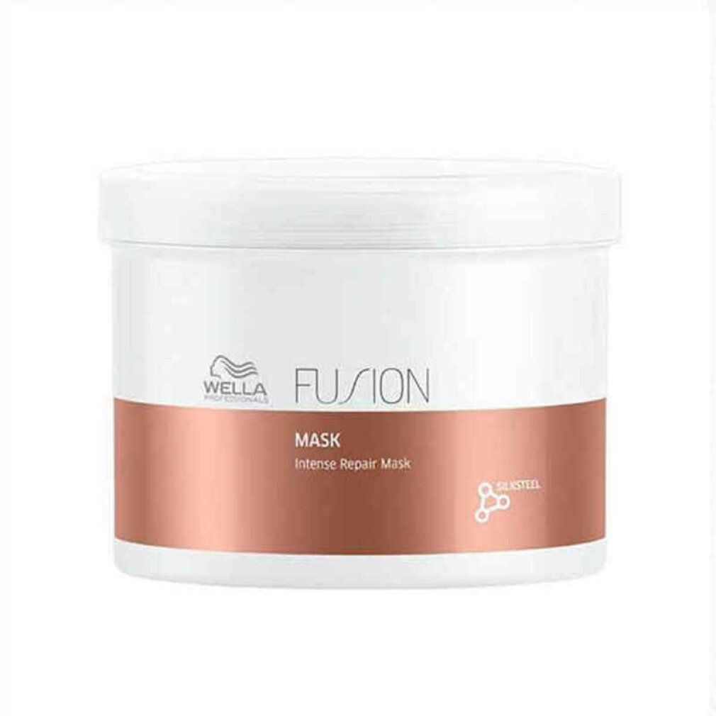 Weißer Tiegel mit braunem Band. Aufschrift: WELLA FUSION, MASK, Intense Repair Mask. Logo und SILKSTEEL.