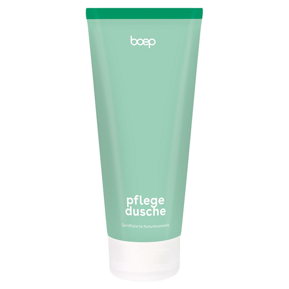 Eine mintgrüne Tube mit weißem Verschluss und dem Aufdruck 'boep pflegedusche'.