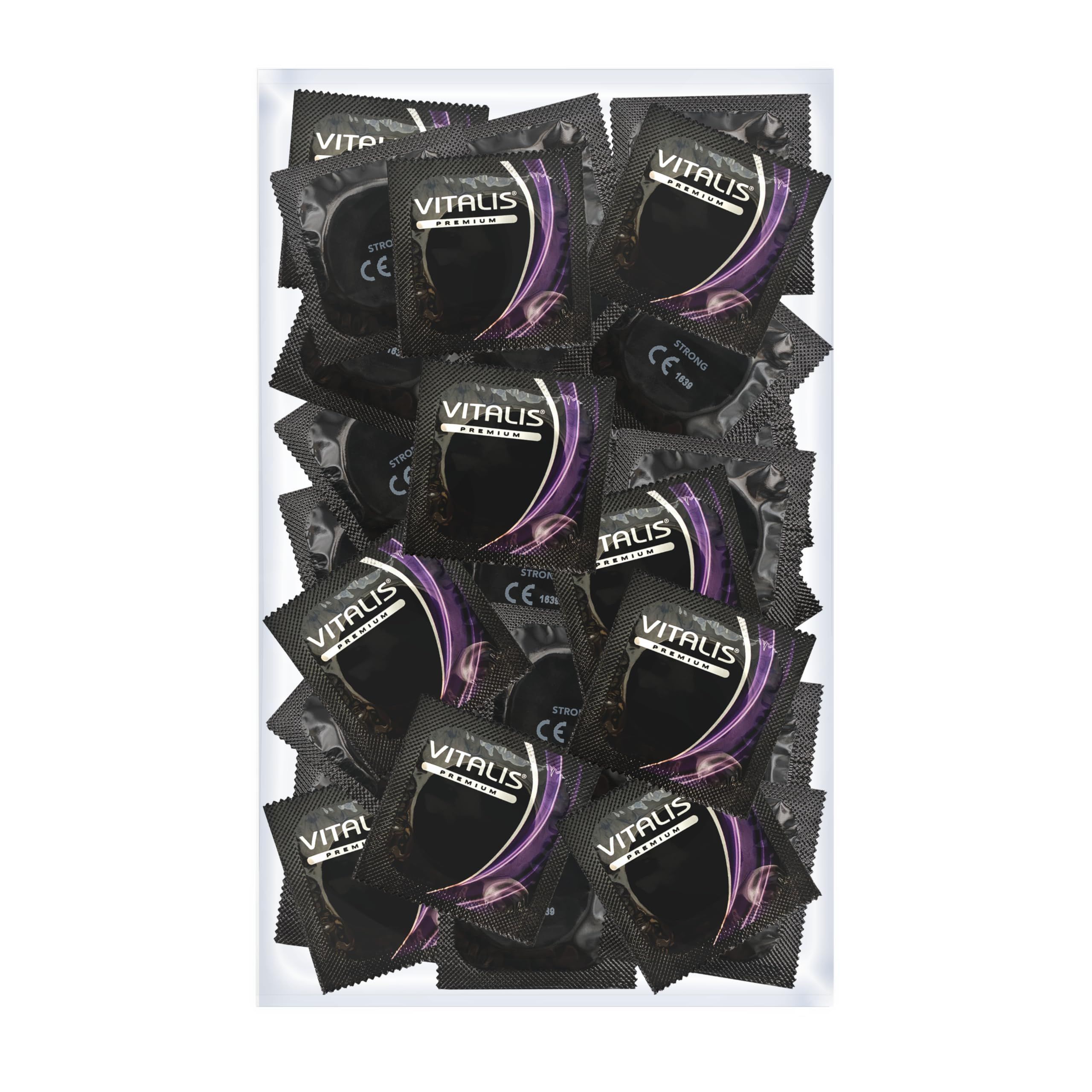 Vitalis PREMIUM Strong Kondome in Einzelverpackungen, schwarz mit lila Akzenten.