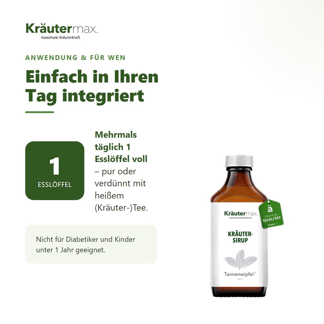 Anwendungshinweis: 1 Esslöffel Kräuter-Sirup täglich, pur oder verdünnt.