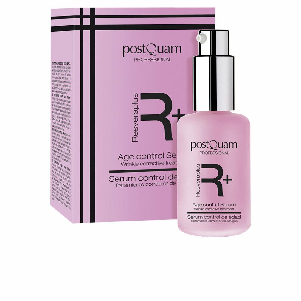 Rosa Flasche mit Sprühkopf und Verpackung. Aufschrift: Postquam Resveraplus Age control Serum. Faltenkorrektur-Behandlung.