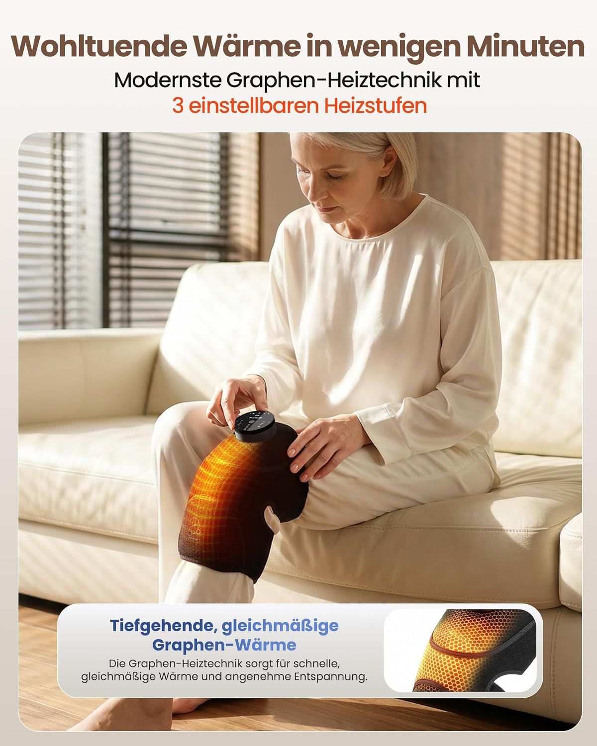 Schwarze Kniebandage mit Heizfunktion, die von einer Frau getragen wird, mit Maßen für verschiedene Größen.