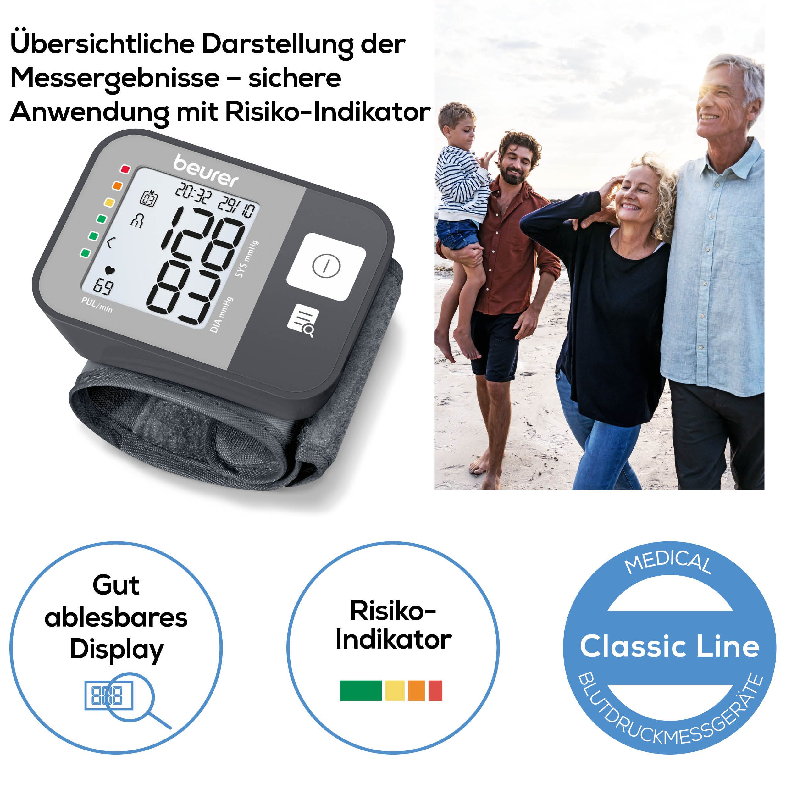 Handgelenk-Blutdruckmessgerät mit Display. Risikoinikator. Medizinprodukt. Beurer Classic Line.