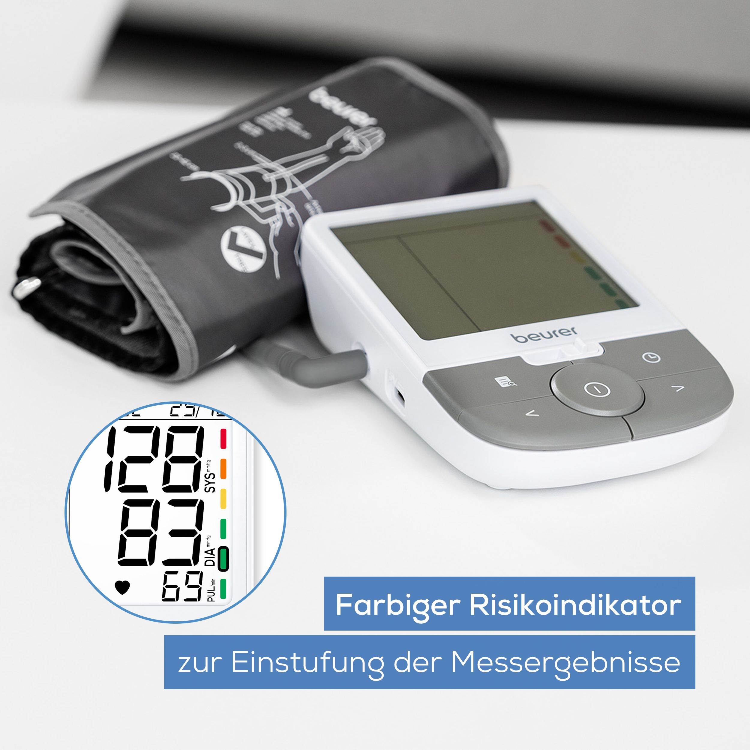Blutdruckmessgerät mit Manschette und Farbigem Risikoindikator. Digitalanzeige mit Messwerten. Graue und weiße Farbgebung.