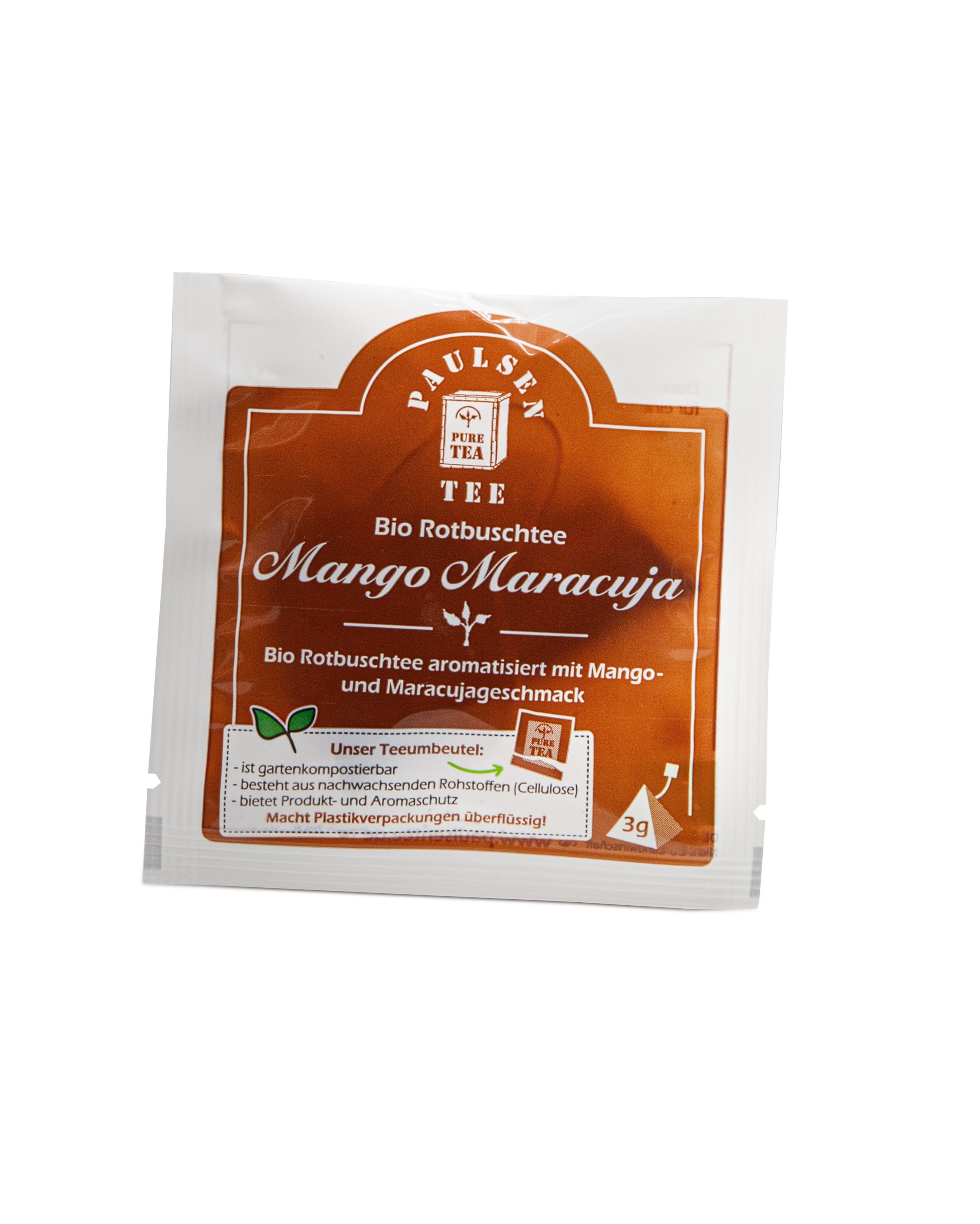 Einzelner Teebeutel mit Aufdruck. Enthält Bio-Rooibos-Tee Mango Maracuja. Mit Logo und 3g Angabe.