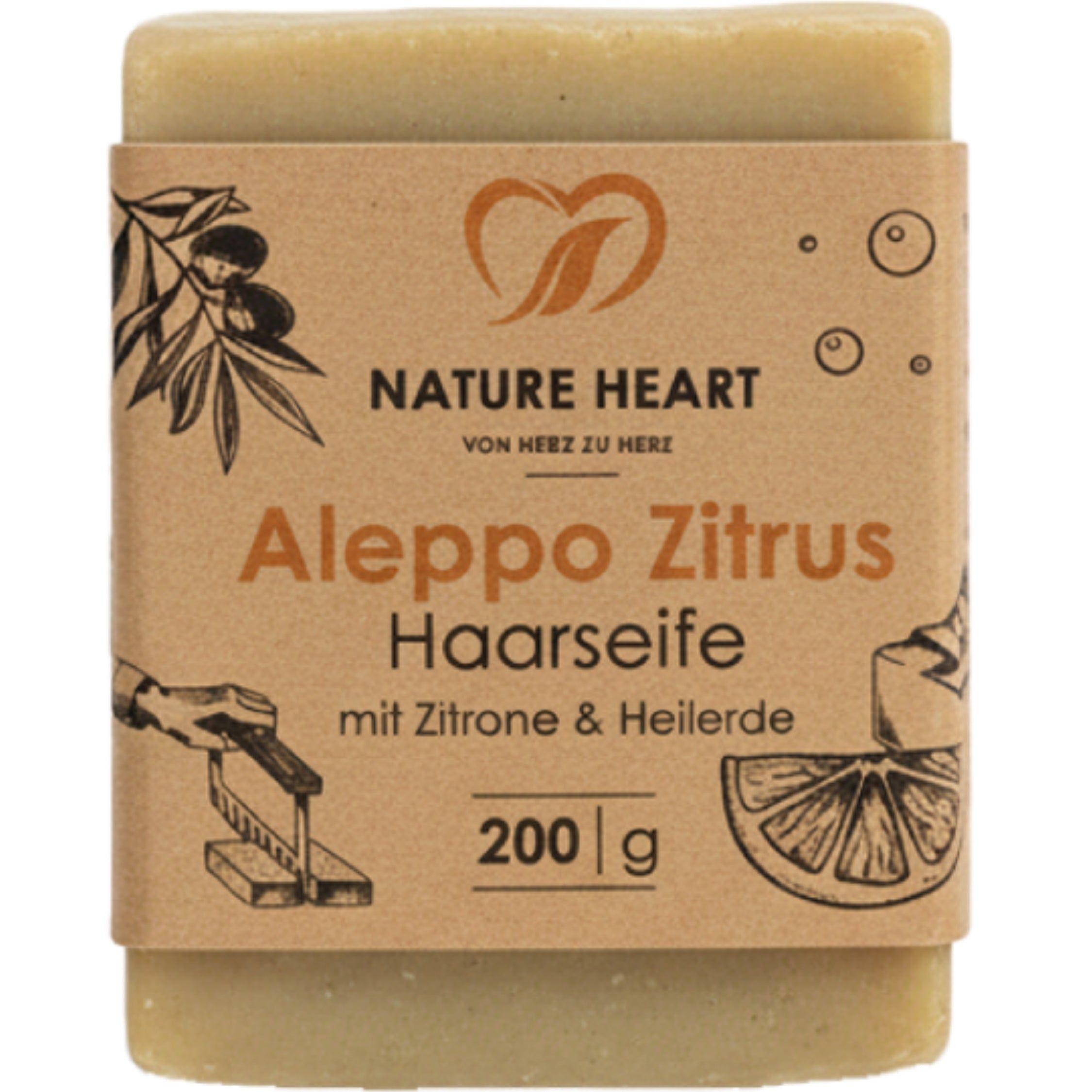 Nature Heart Aleppo Zitrus Haarseife, 200g. Mit Zitrone & Heilerde.