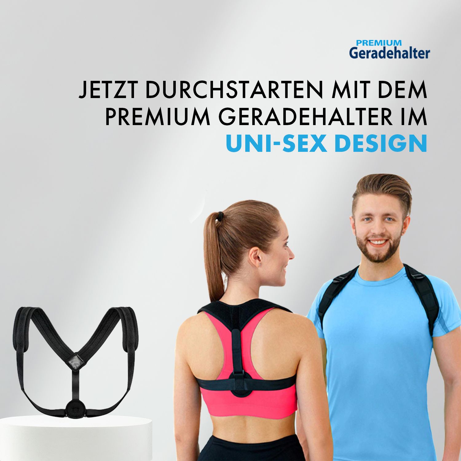 Mann und Frau mit Rücken Geradehalter. Text: Premium Geradehalter im Unisex Design. Produkt am Körper, schwarzes Design.