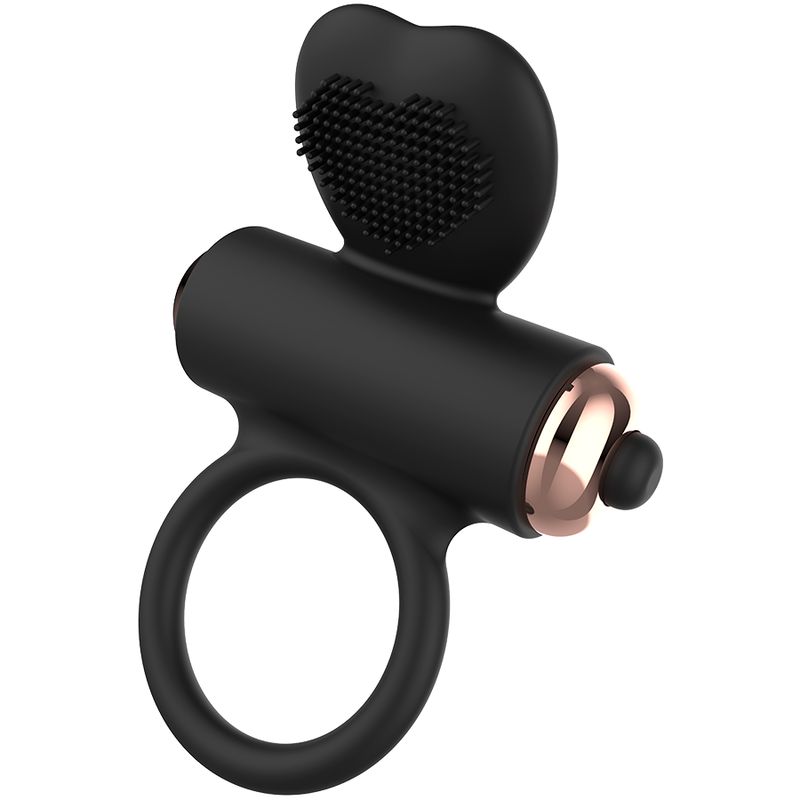 Schwarzer Silikon-Vibrator-Penisring mit rosegoldfarbenen Elementen. Ring, Vibrationskopf mit Noppen und Bedienknopf.