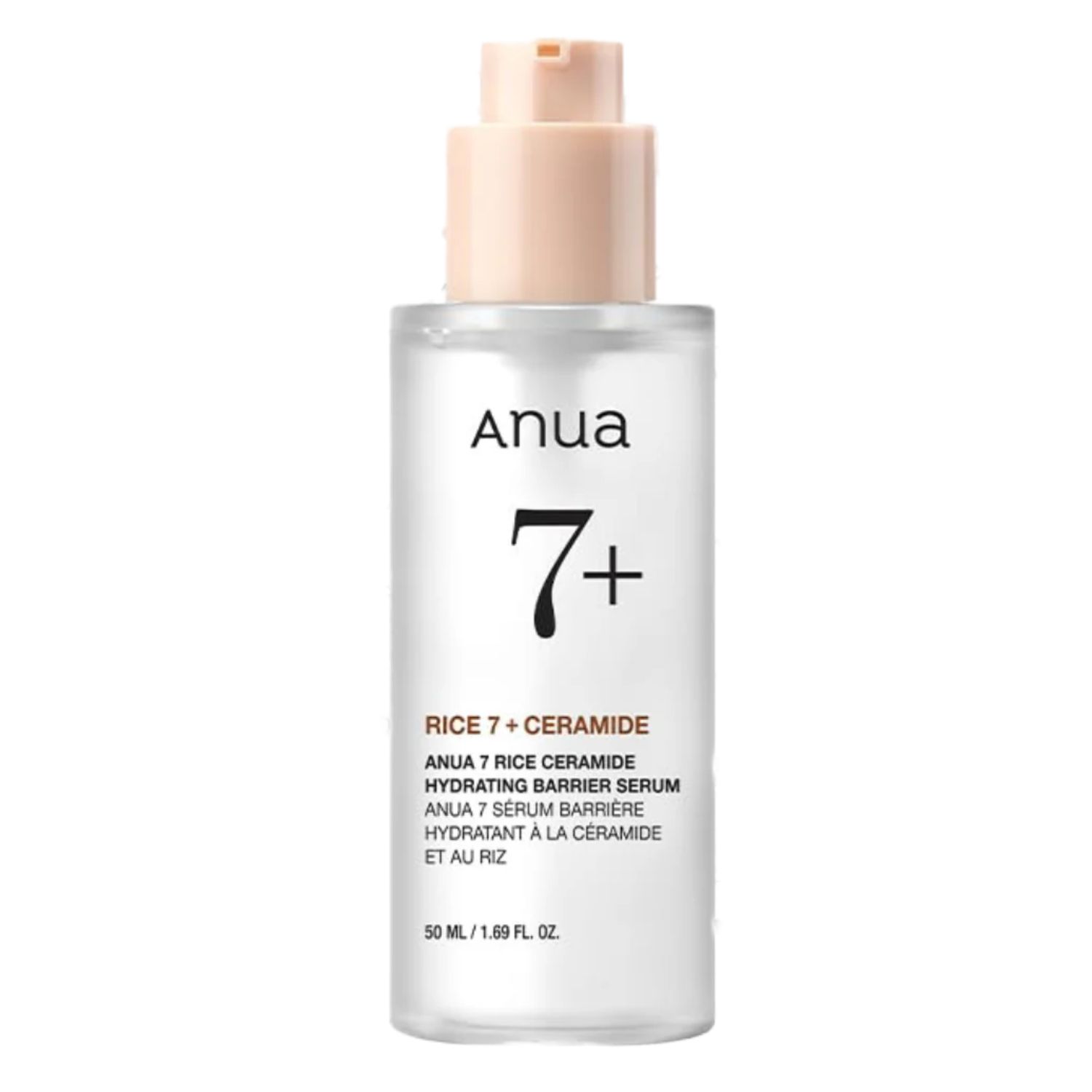 Anua 7 Rice Ceramide Hydrating Barrier Serum in klarer Flasche mit Pumpspender.
