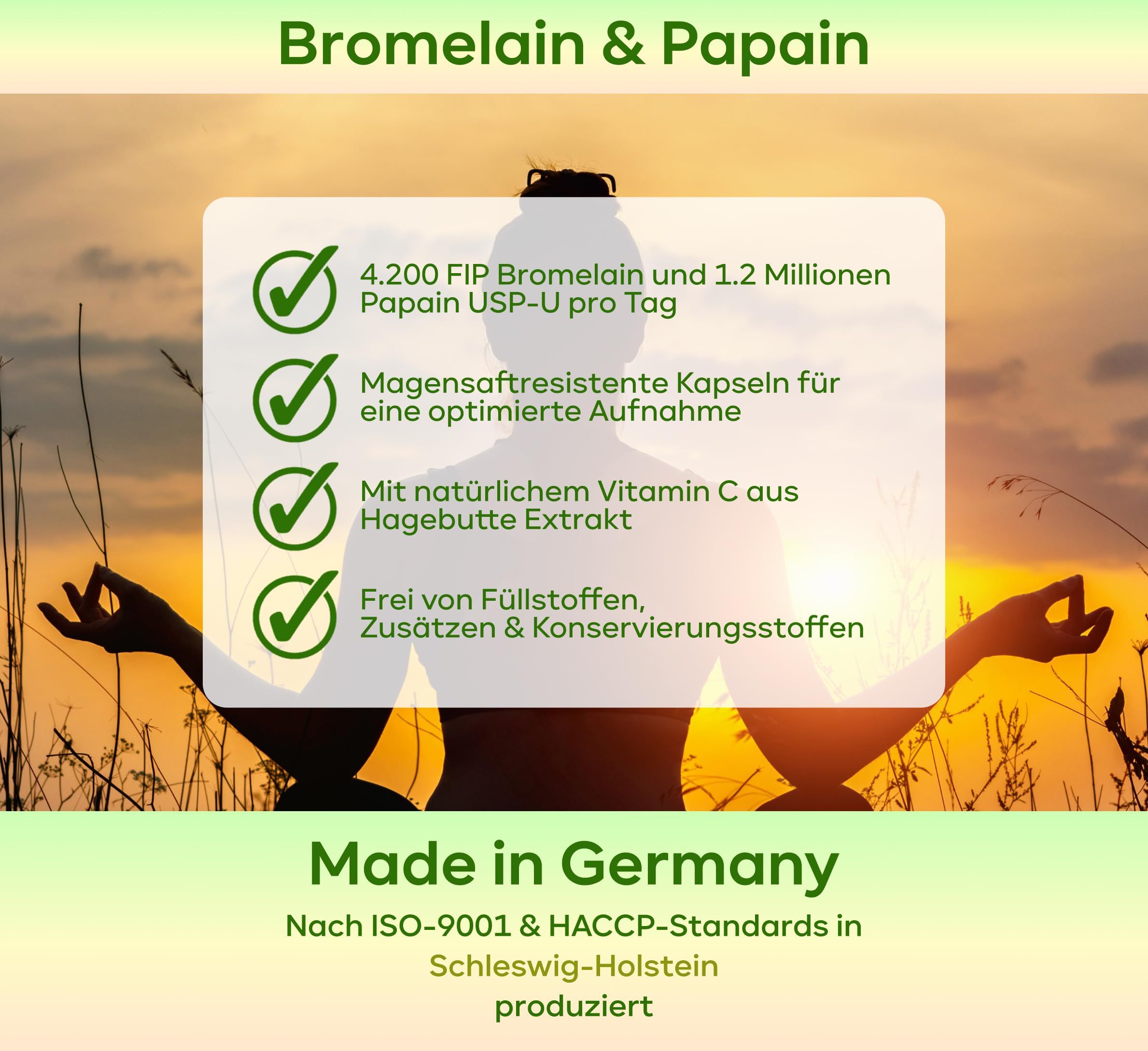 Text auf grünem Hintergrund: 4 Vorteile. Bromelain & Papain. 4.200 FIP Bromelain und 1.2 Millionen Papain USP-U pro Tag. Made in Germany. ISO-9001 & HACCP.