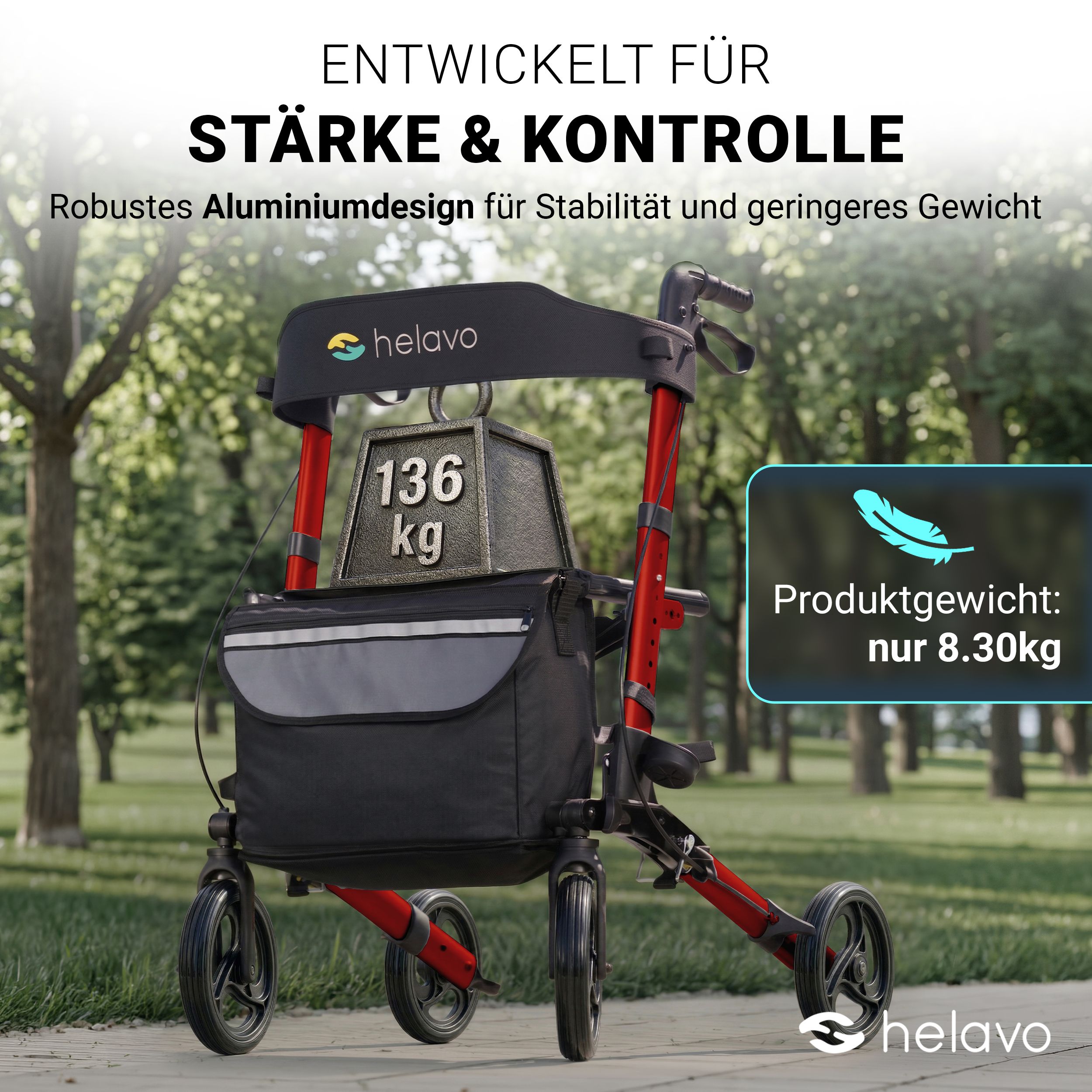Roter Helavo Rollator mit 136kg Belastungstest. Produktgewicht nur 8,30kg.