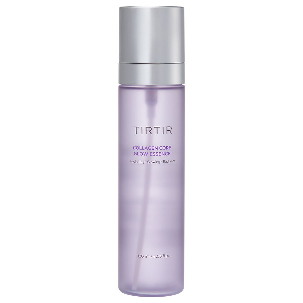 TIRTIR Collagen Core Glow Essence in einer durchscheinenden lila Flasche mit silbernem Pumpspender.