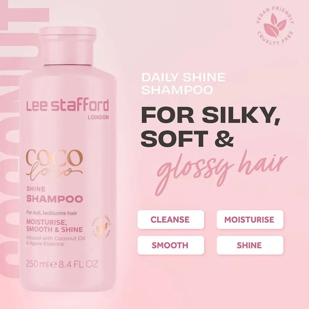 Rosa Flasche CoCo LoCo Shine Shampoo. Text: „For silky, soft & glossy hair“. Vegan-Logo. 250 ml. Vier Textfelder: Cleanse, Moisturise, Smooth, Shine.