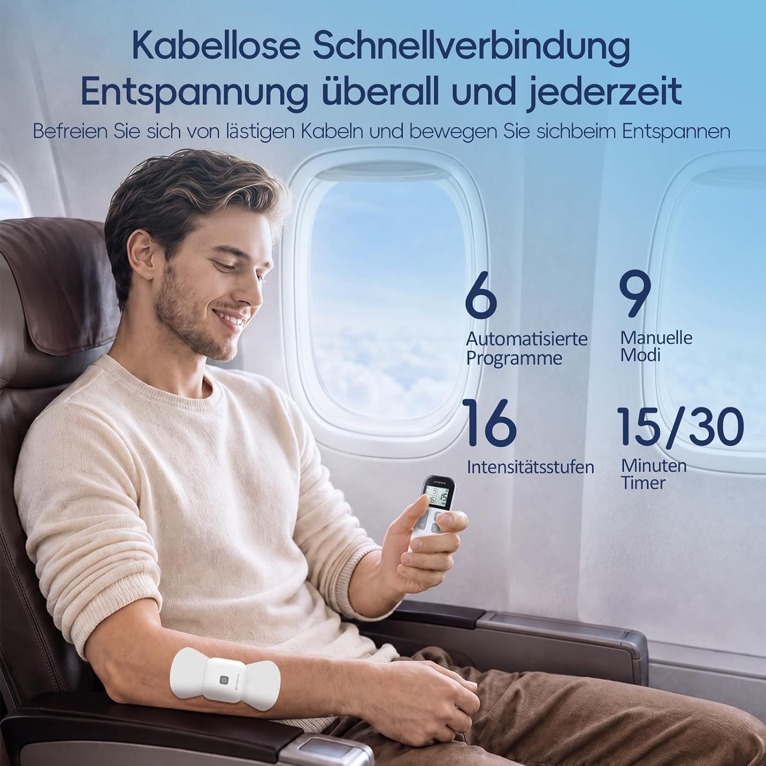 Mann im Flugzeug mit Massagegerät am Arm, 6 Programme, 9 Modi, 16 Intensitätsstufen, 15/30 Min. Timer.