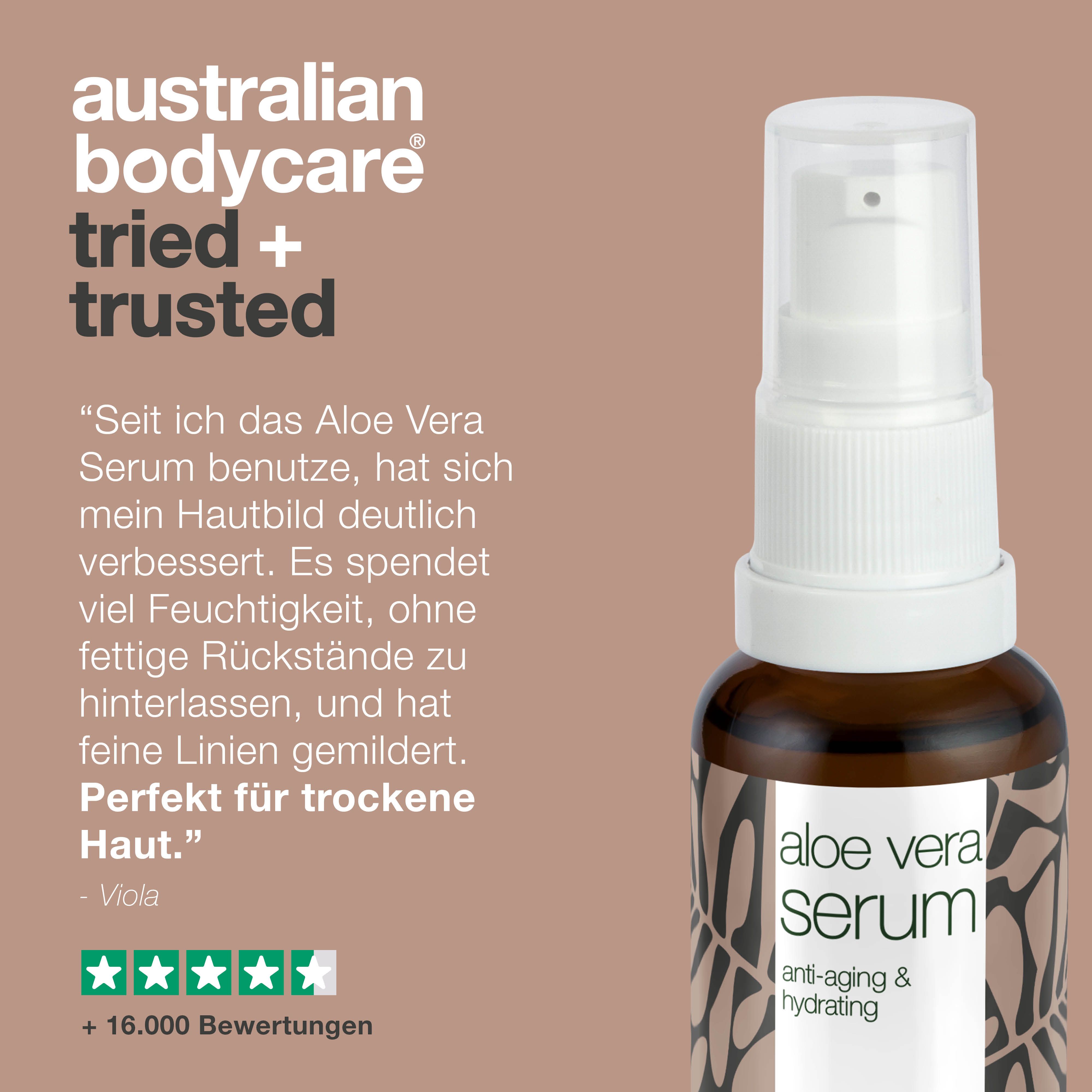 Flasche Serum. Text: Tried + Trusted. Produktname: Aloe Vera Serum. Braune Flasche mit Pumpe. Sterne-Bewertung.