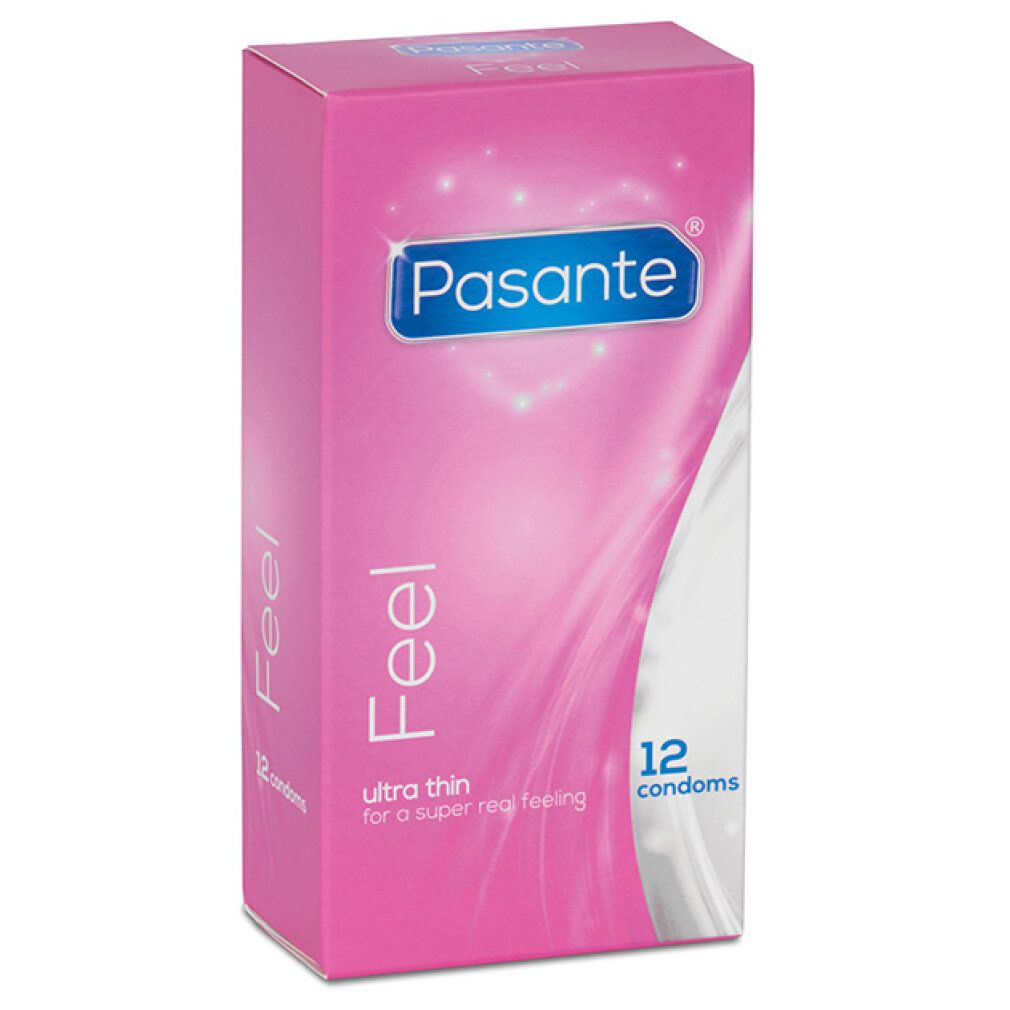 Rosa Schachtel mit Pasante Feel Kondomen. Aufschrift: ultra thin for a super real feeling, 12 condoms.