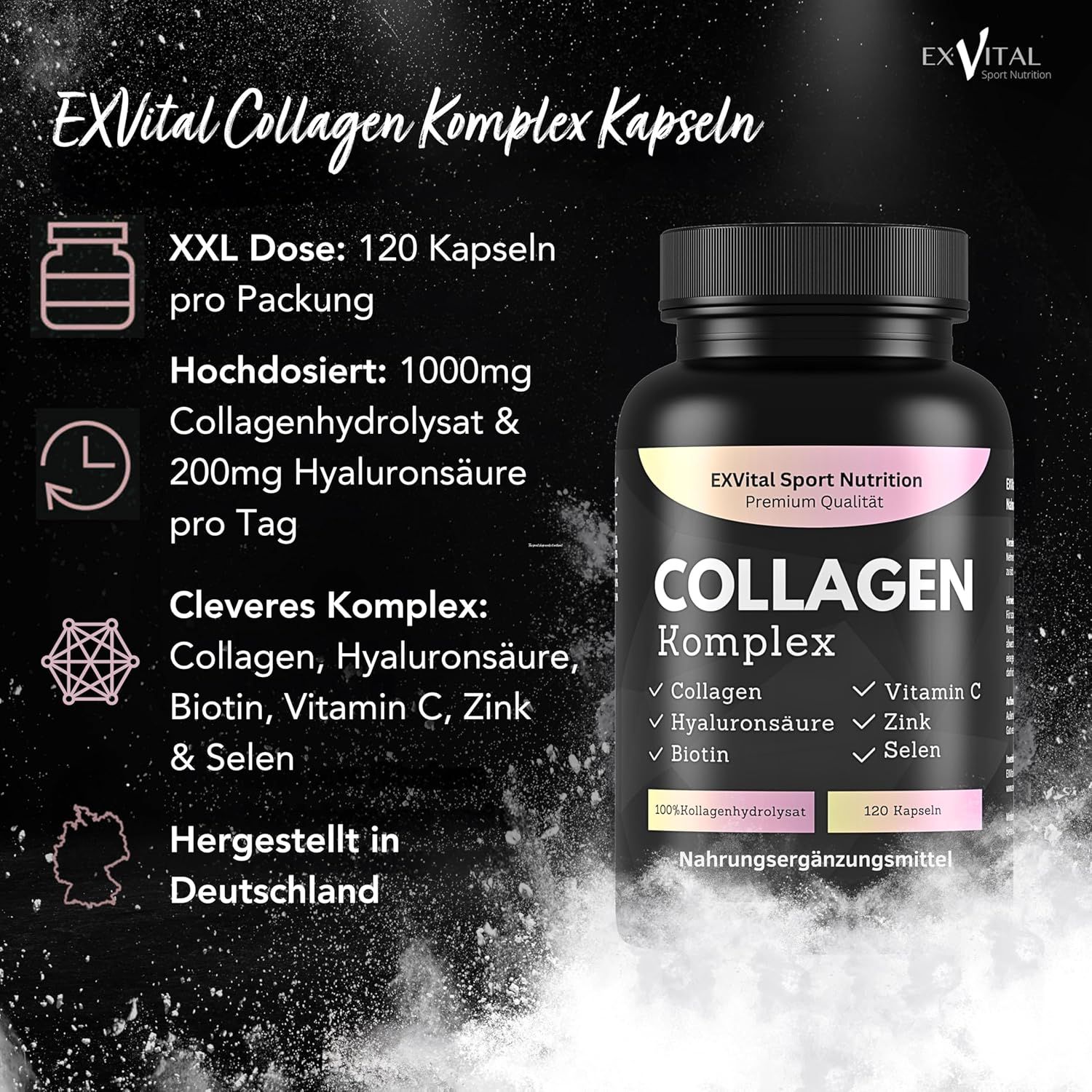 Schwarze Flasche EXVital Collagen Komplex Kapseln. 120 Kapseln. Enthält Collagen, Hyaluronsäure, Biotin, Vitamin C, Zink und Selen. Hergestellt in Deutschland.