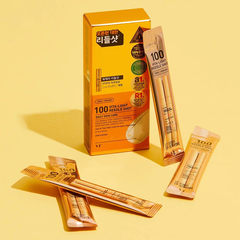 Verpackung und einzelne Ampullen des VT COSMETICS 100 Vita-Light Reedle Shot.