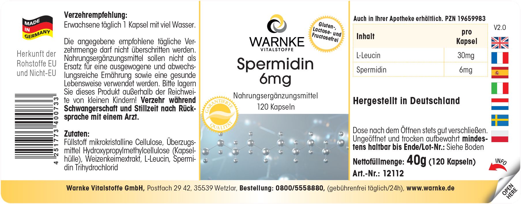 Etikett mit Produktinformationen. Aufschrift: Warnke Vitalstoffe Spermidin 6mg. 120 Kapseln. Nahrungsergänzungsmittel. Hergestellt in Deutschland.