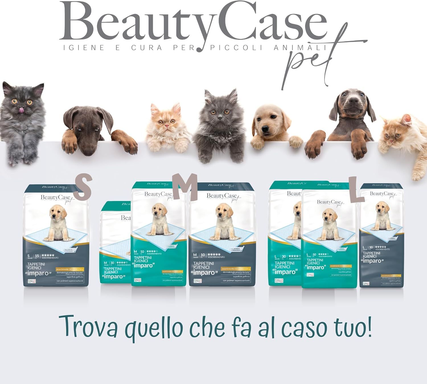 BeautyCase pet. Hygienepads in den Größen S, M, L. Hunde und Katzen schauen über die Pads.