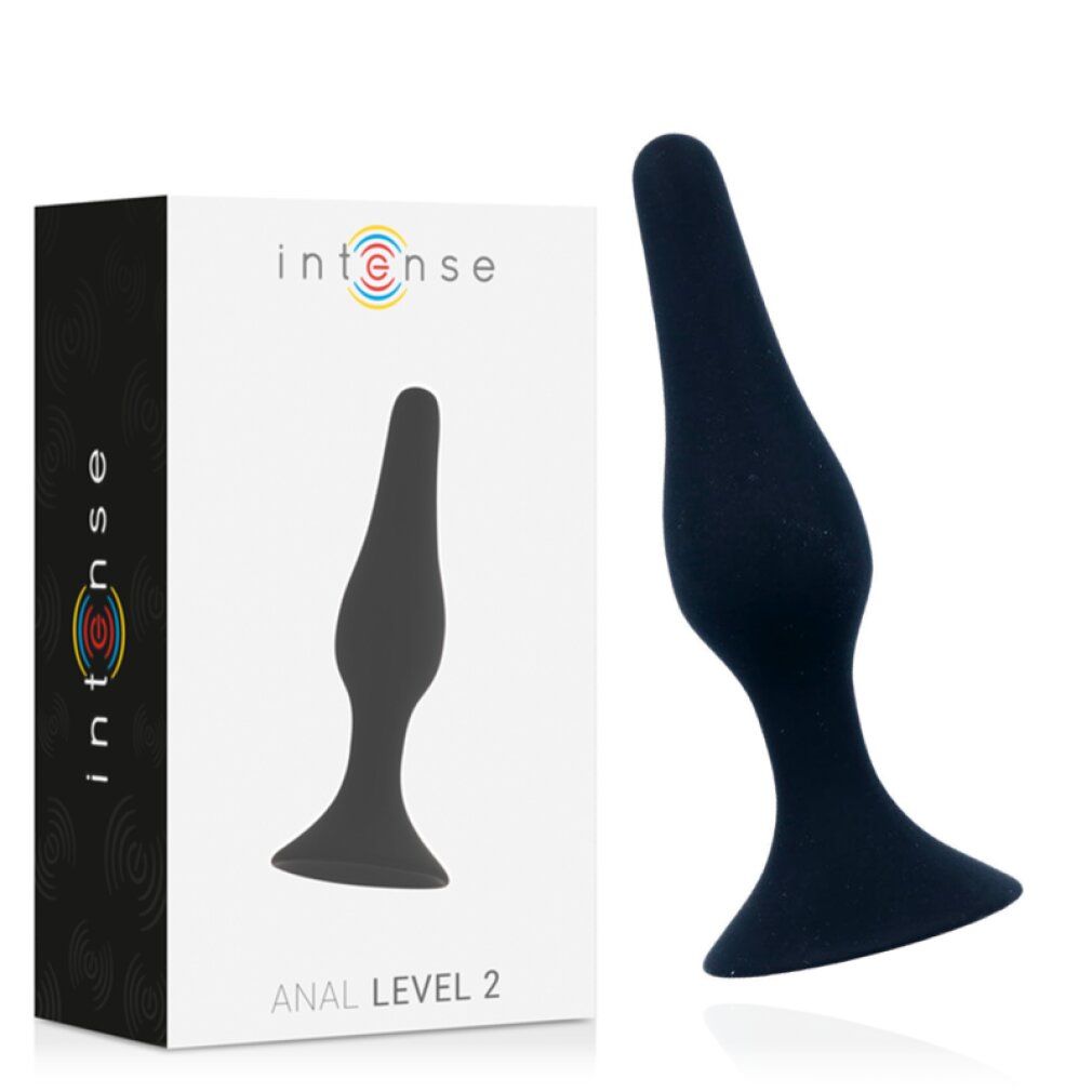 Verpackung und schwarzer Analplug 'Intense - Anal Level 2'. Plug hat eine breite Basis und schlanke Form.