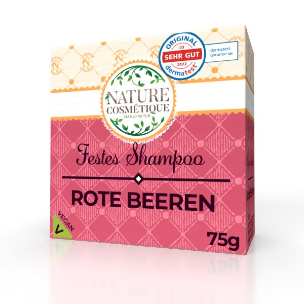 Karton mit "Festes Shampoo Rote Beeren". Logo "Nature Cosmetique". Siegel "Sehr Gut" von Dermatest. Vegan-Siegel. Gewicht: 75g.