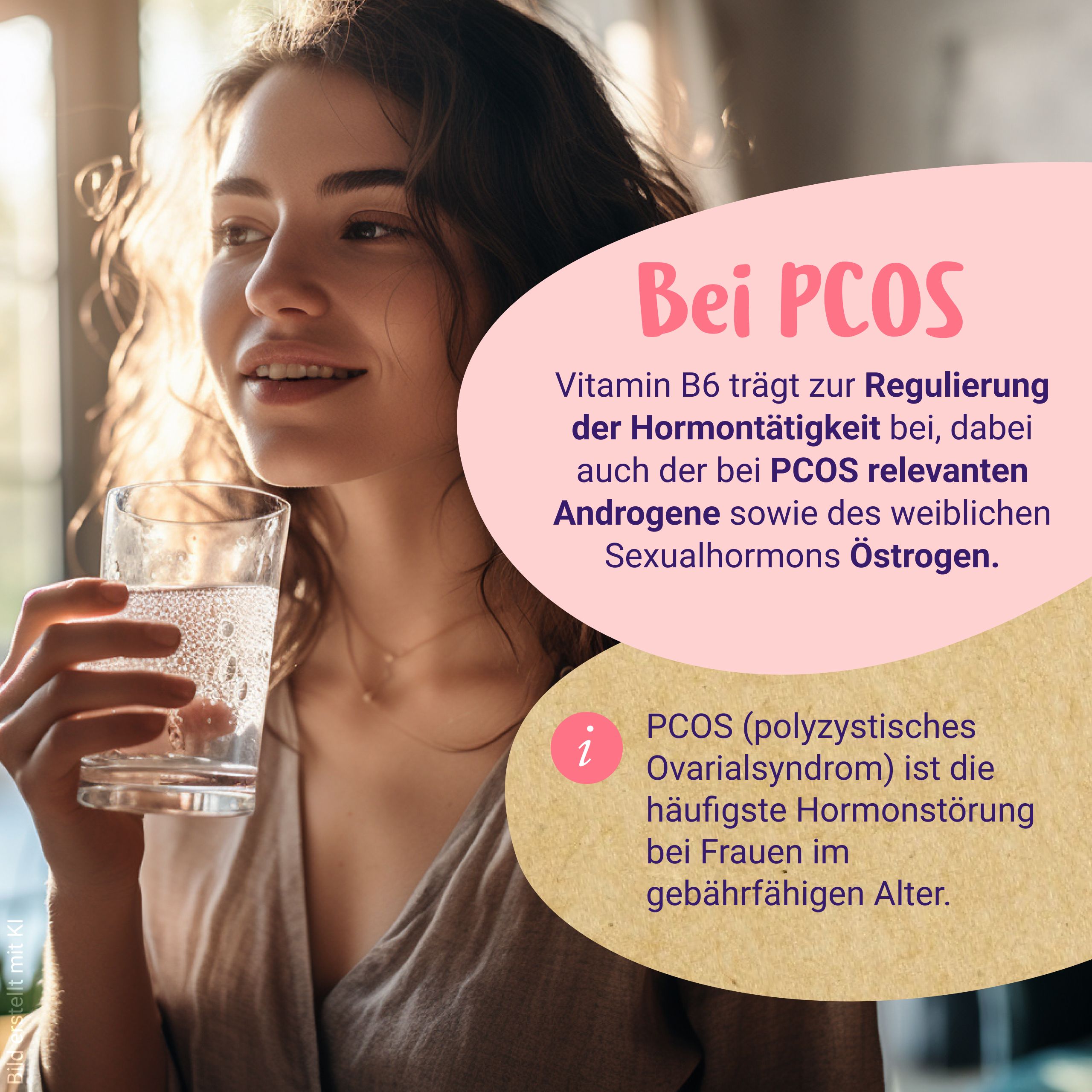 Junge Frau trinkt Wasser. Text über PCOS und Hormonbalance mit Vitamin B6.