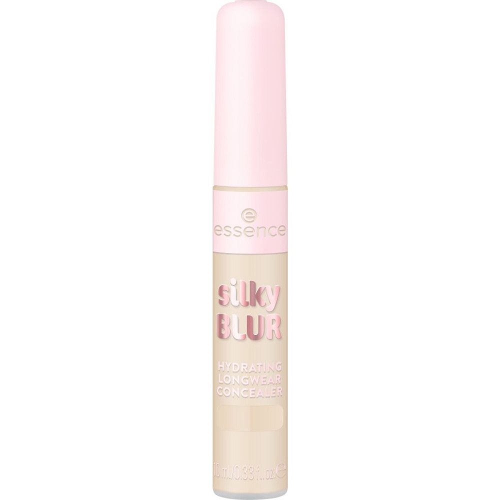 Beige Concealer-Fläschchen mit rosa Deckel. Aufschrift "essence silky BLUR hydrating longwear concealer".