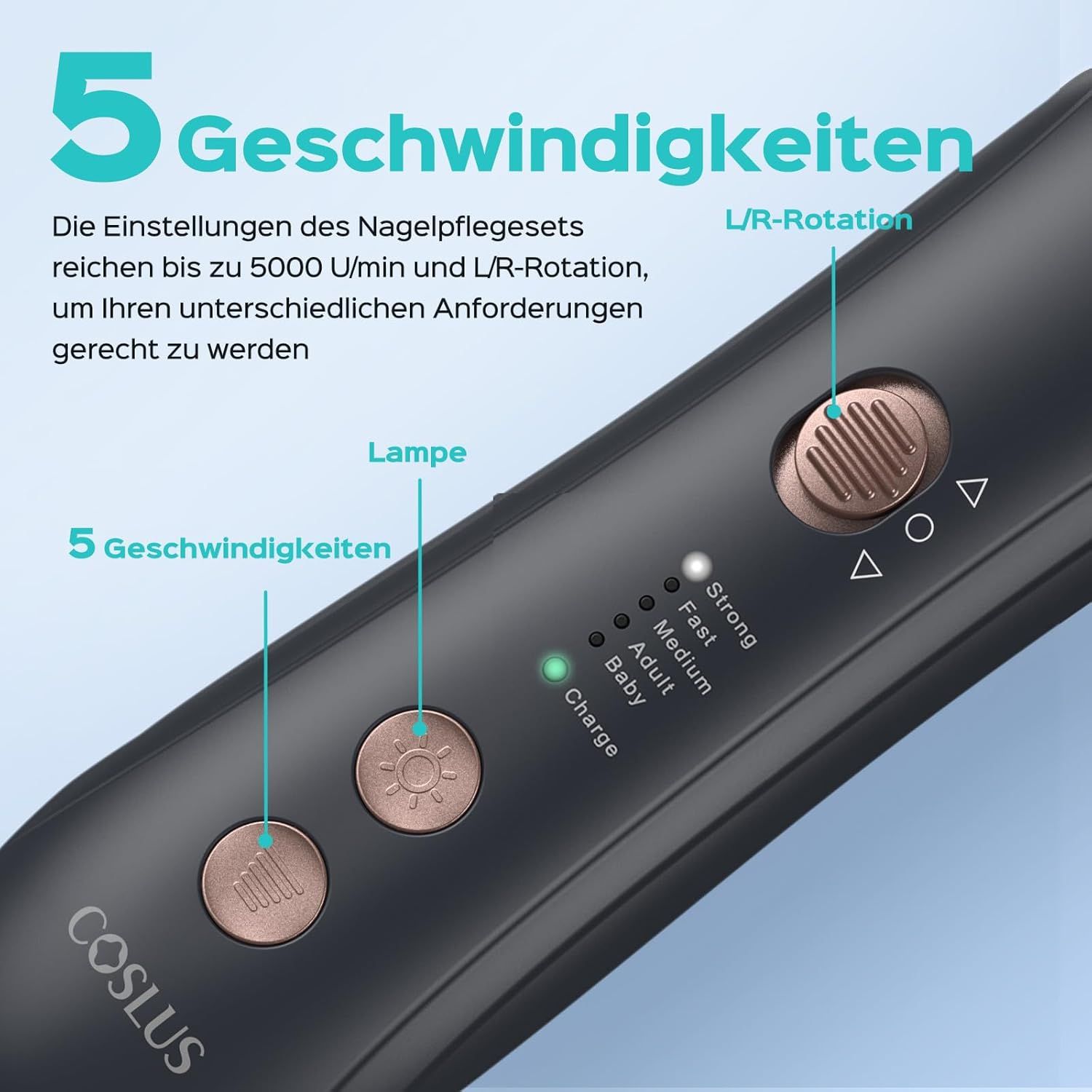 Elektrische Nagelfräser. 5 Geschwindigkeiten. L/R-Rotation. Anzeige: Strong, Fast, Medium, Adult, Baby. COSLUS-Logo.