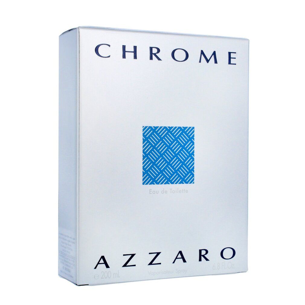 Weiße Verpackung mit blauem Muster. Oben steht "CHROME", unten "AZZARO". Aufschrift "Eau de Toilette".