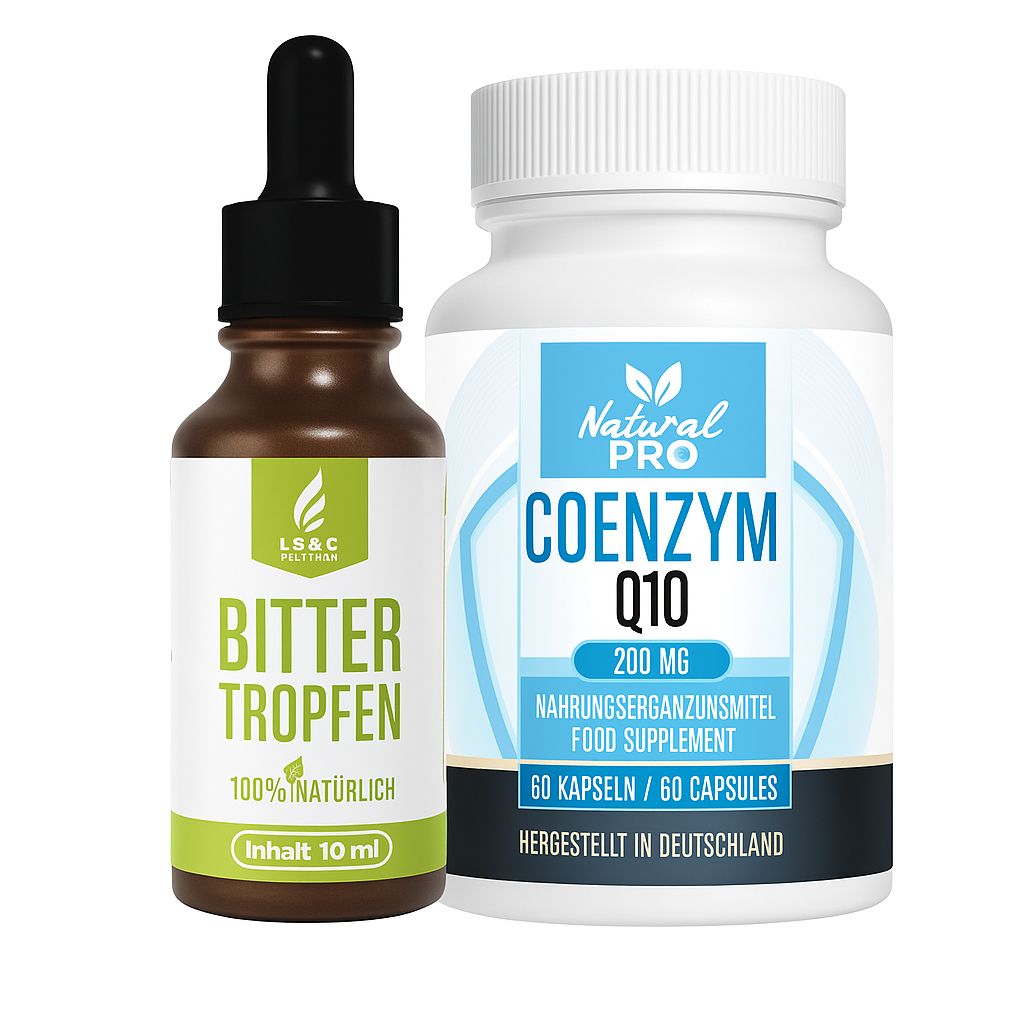 Braune Flasche mit Pipette und weißes Pillenbehälter. Aufschrift: Bitter Tropfen, Coenzym Q10, 200 mg, 60 Kapseln. Hergestellt in Deutschland.