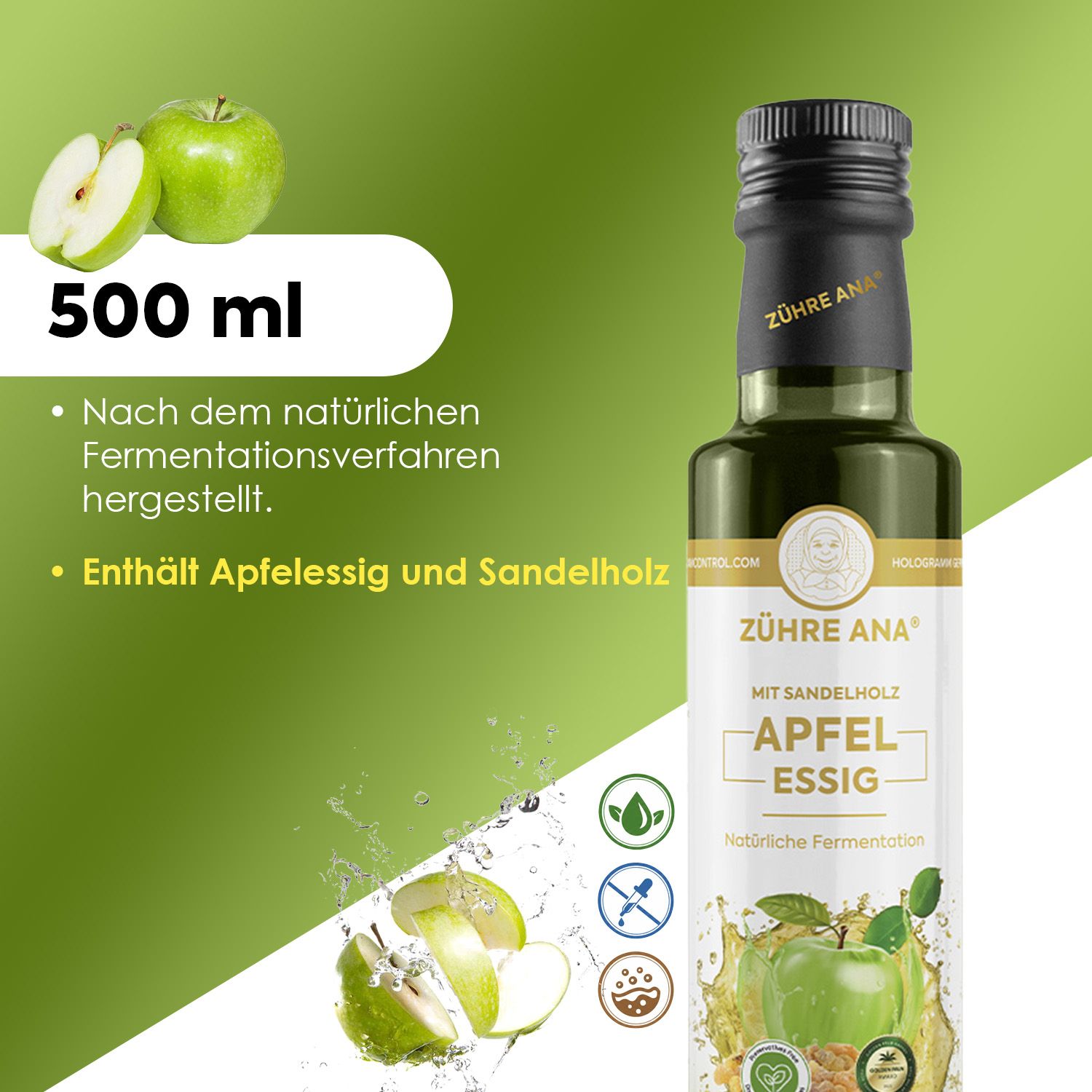 Flasche Apfelessig mit Sandelholz, 500 ml, hergestellt durch natürliche Fermentation.