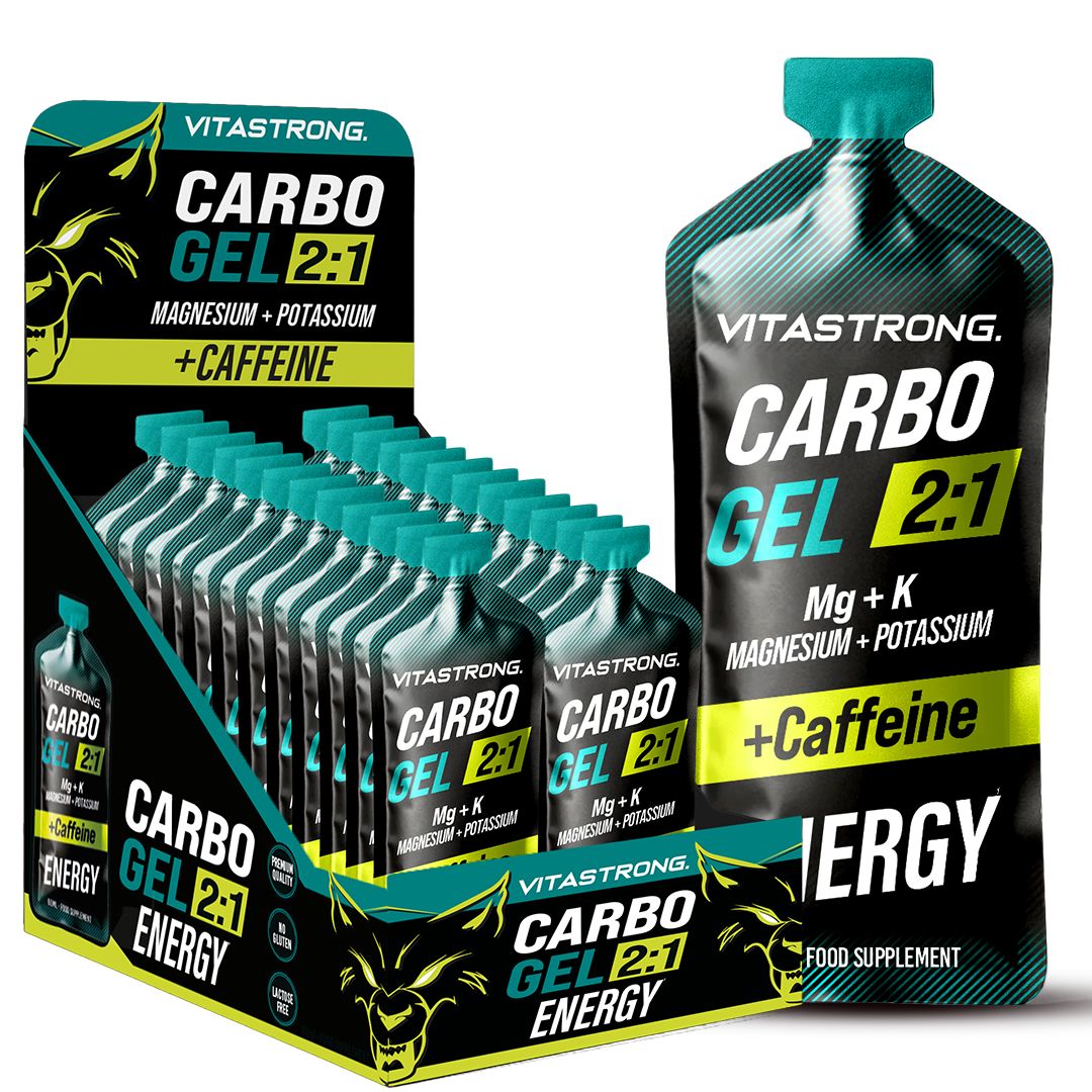 Vitastrong Carbo Gel 2:1 + Koffein. Gel-Packungen in Display-Box. Text: Carbo Gel 2:1, Magnesium + Potassium + Koffein, Energie.