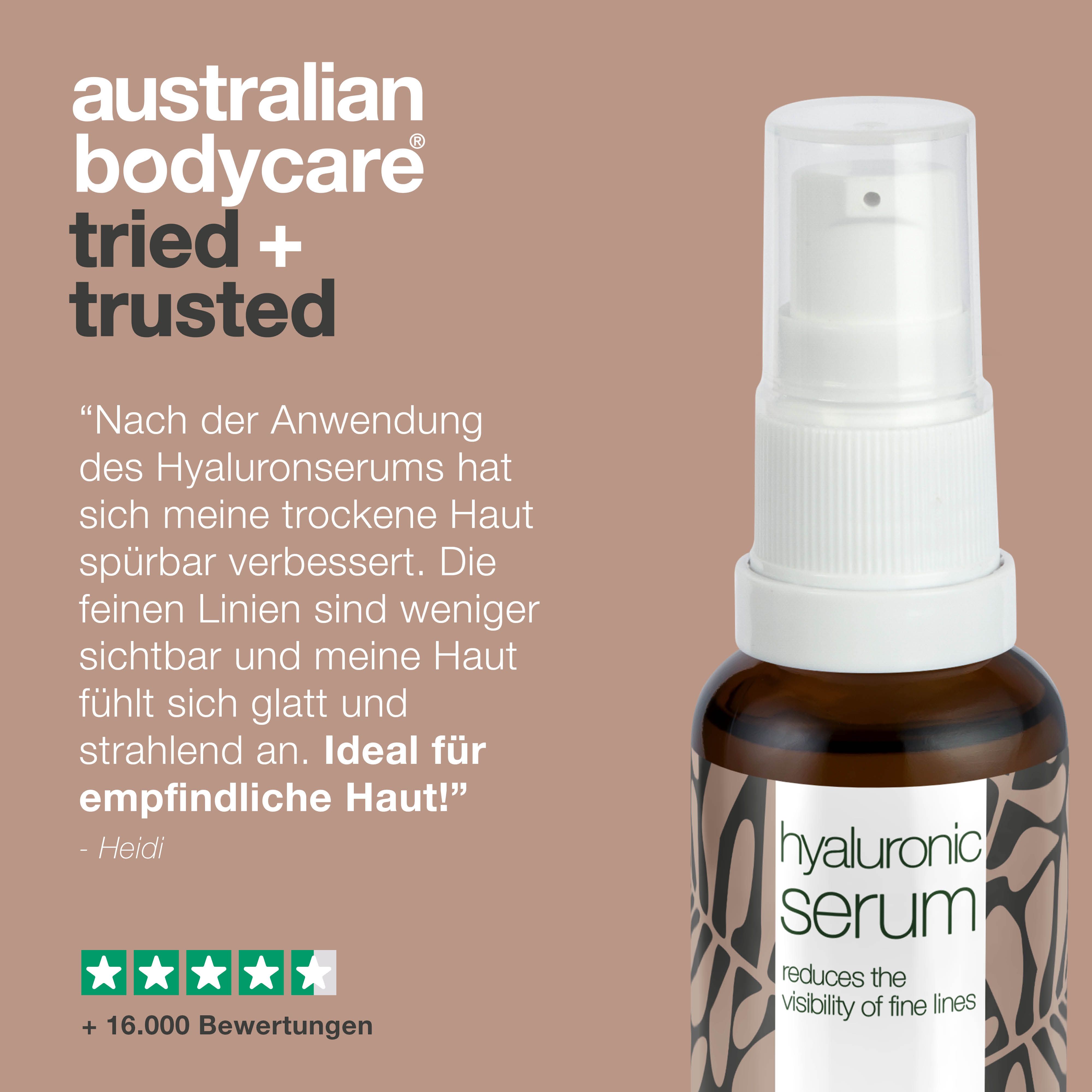 Braune Flasche mit weißem Pumpkopf. Aufschrift: Hyaluronic Serum, australian bodycare.