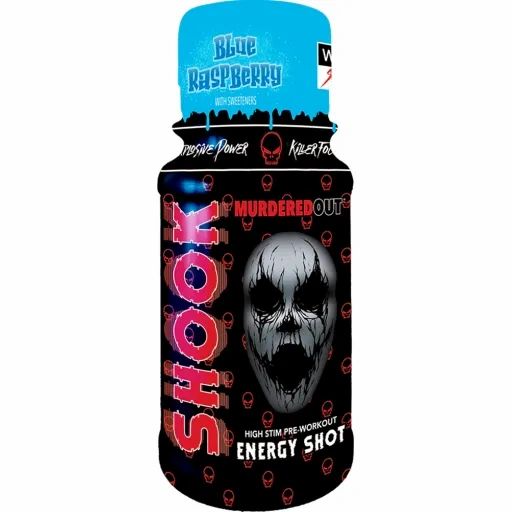 Schwarze Flasche mit rotem "SHOOK"-Schriftzug. "Blue Raspberry"-Etikett. Schädel-Grafik. "Energy Shot"-Text.