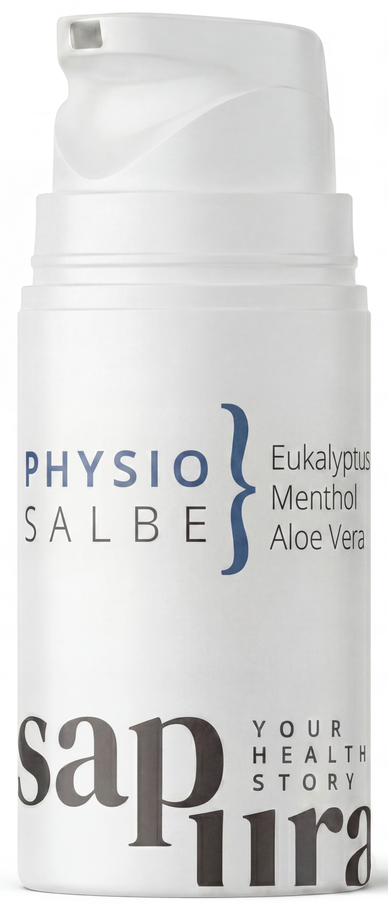 Weiße Flasche mit Pumpspender. Beschriftung: Physio Salbe, Eukalyptus, Menthol, Aloe Vera, sap pura.