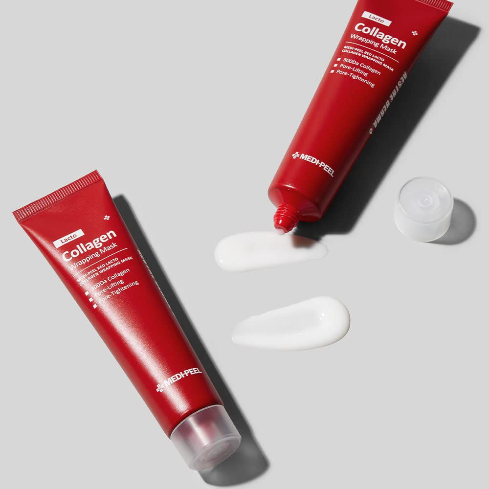 Zwei rote Tuben "Lacto Collagen Wrapping Mask" mit Produktproben daneben.