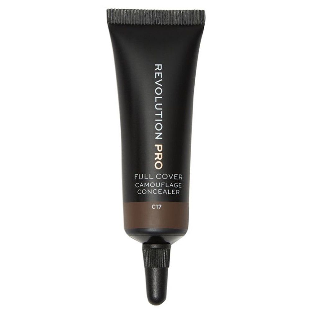 Concealer-Tube. Schwarz. Aufschrift: REVOLUTION PRO, FULL COVER CAMOUFLAGE CONCEALER, C17.