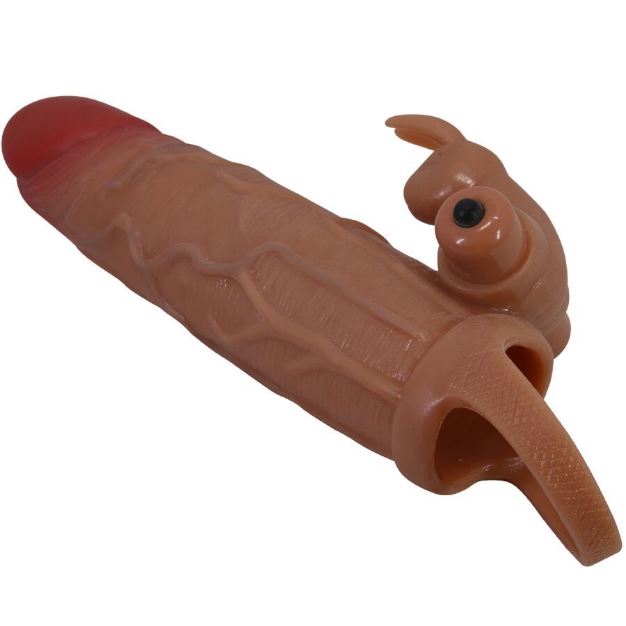 Penishülle, braun mit roter Spitze, mit Ring und Stimulator.