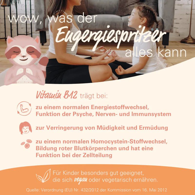 Frau und Kind meditieren, daneben Sprühflasche und Infos zu Vitamin B12.