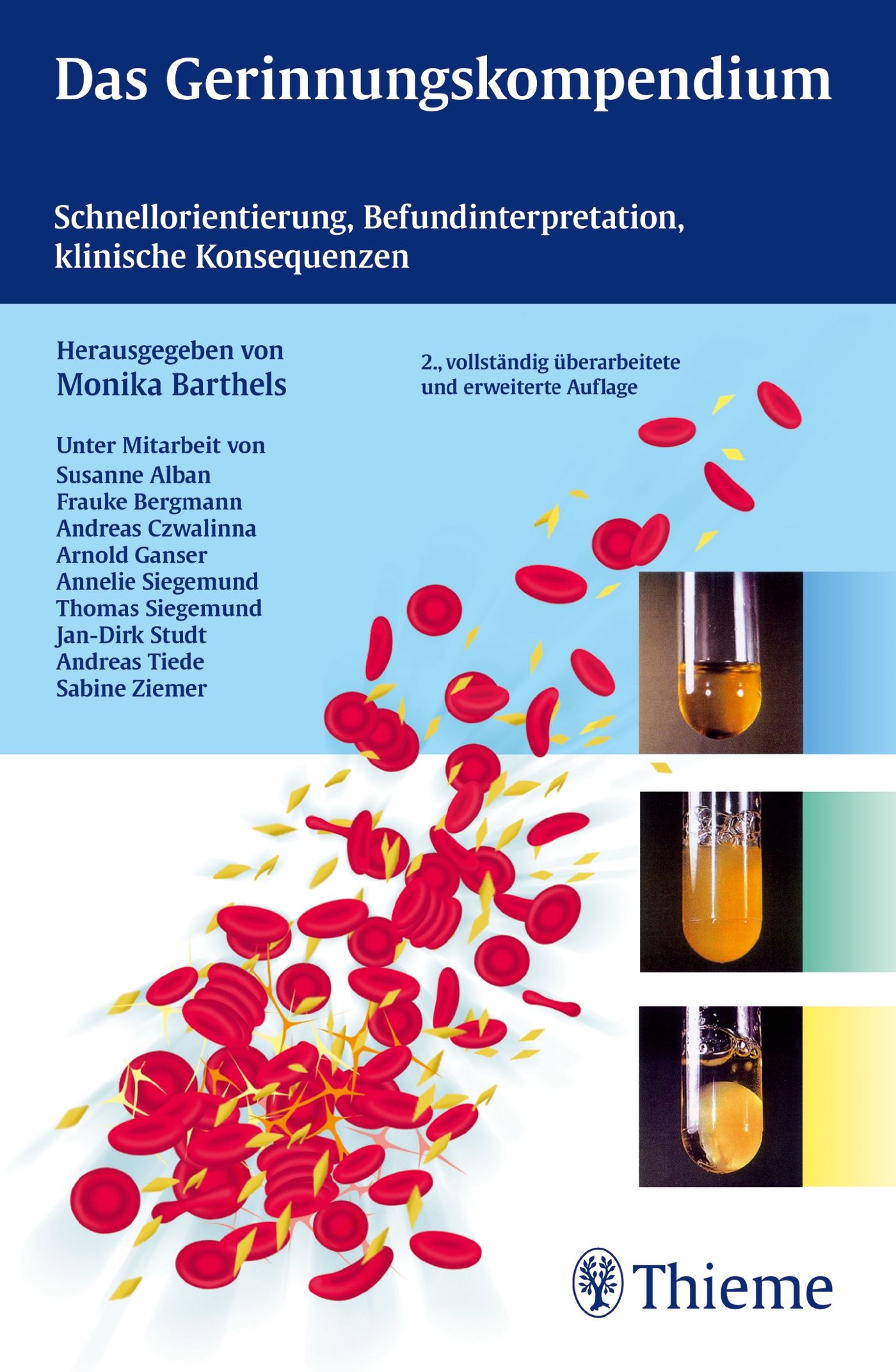 Buchcover: "Das Gerinnungskompendium". Titel, Autoren, und Thieme-Logo. Abbildung von Blutkörperchen und Reagenzgläsern.