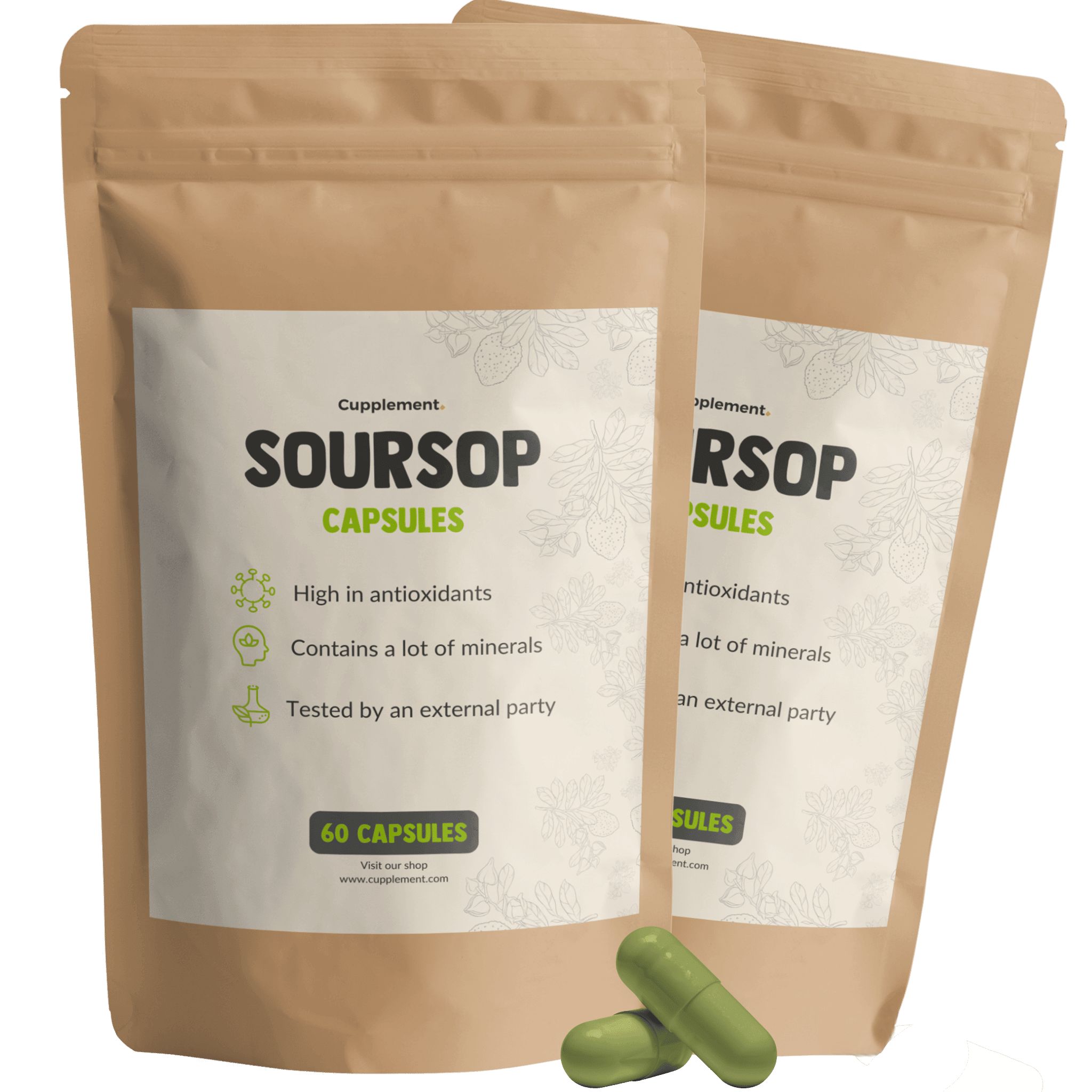 Zwei Beutel mit Soursop-Kapseln. Aufschrift: Soursop Capsules, 60 Kapseln. Grüne Kapseln liegen daneben.