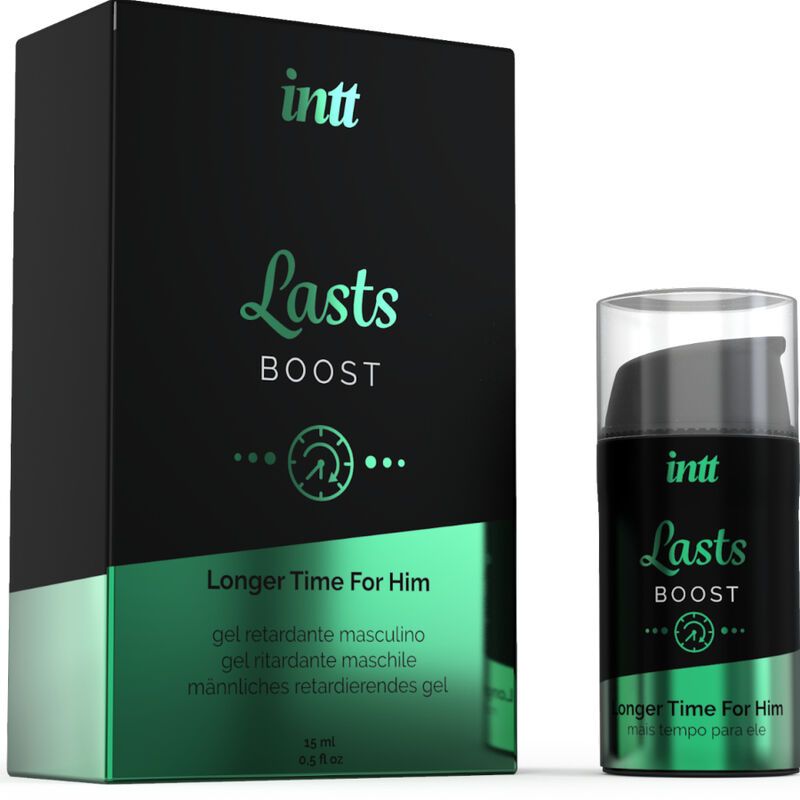 Produkt und Verpackung. Schwarze Schachtel und Flasche. Aufschrift: INTT, Lasts Boost, Longer Time For Him. Mit Dosierkopf.