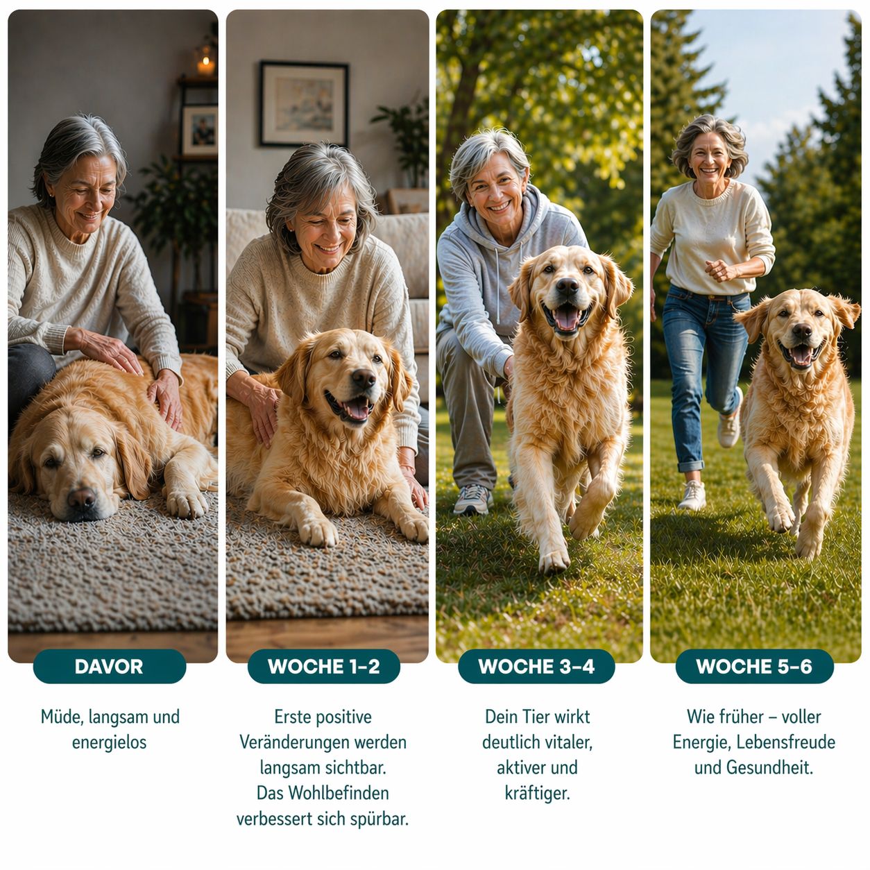 Vier Bilder zeigen eine Frau mit einem Hund. Texte: Müde, langsam, Woche 1-2, Woche 3-4, Woche 5-6. Energie, Lebensfreude, Gesundheit.