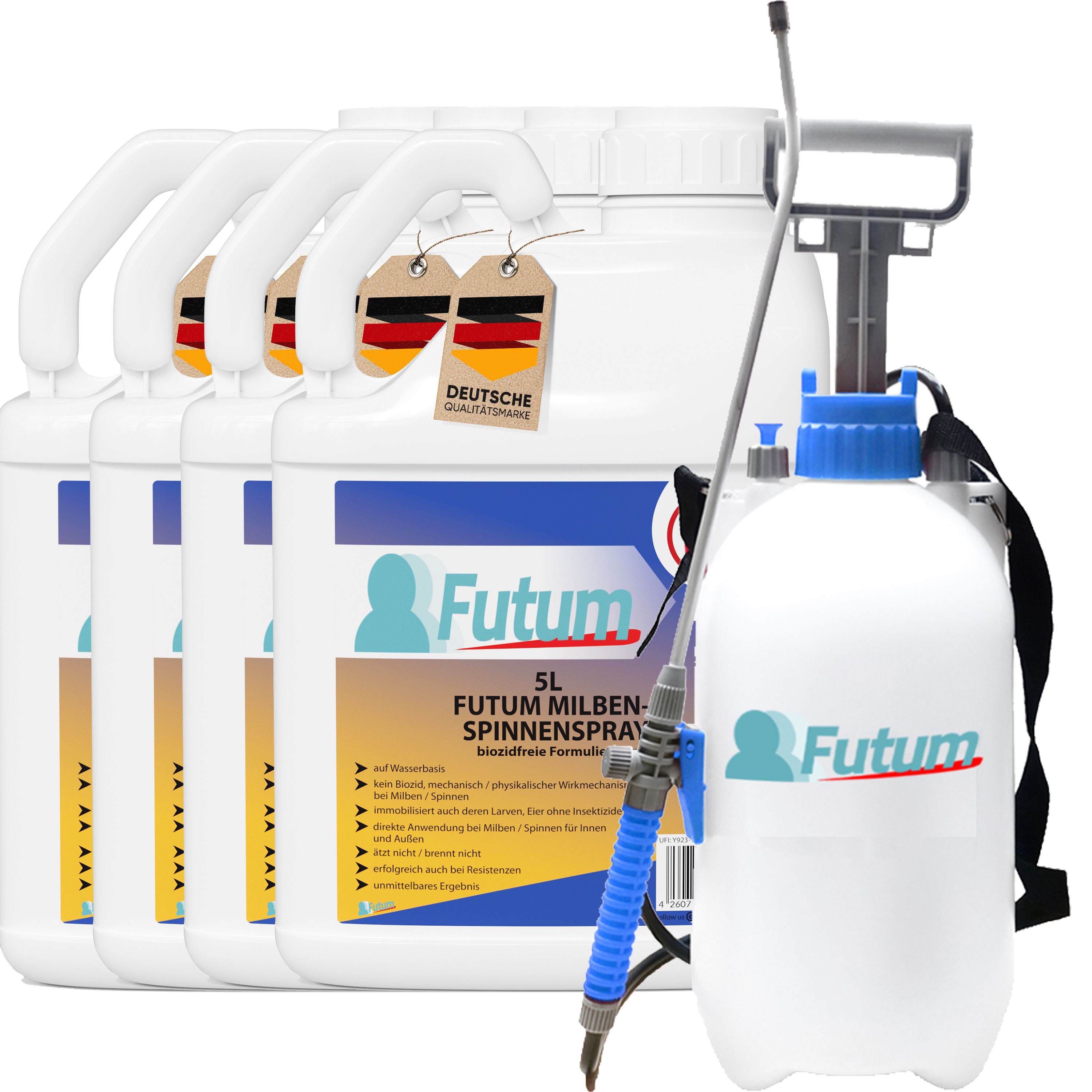 FUTUM 4x5L Milben- / Spinnenspray + 5L Sprüher