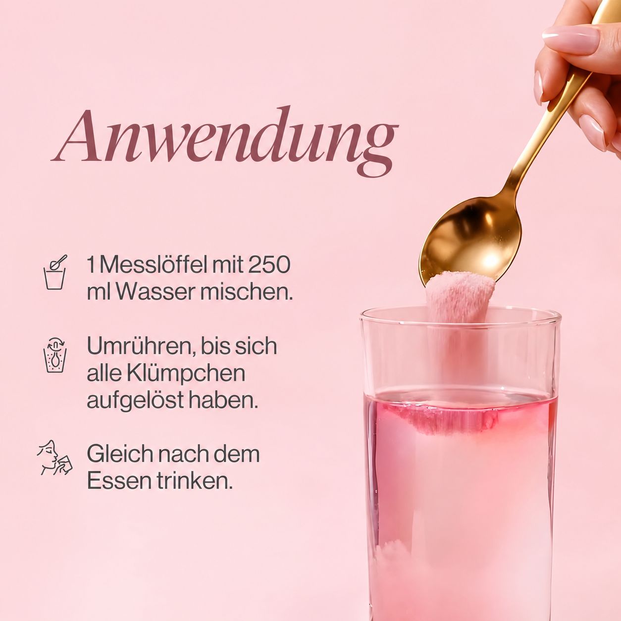 Anwendungshinweise für ein Pulver, das in Wasser aufgelöst wird, mit Löffel und Glas.
