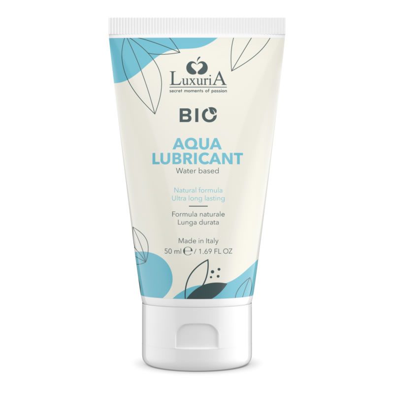 Creme-Tube mit Aufschrift BIO AQUA LUBRICANT. Marke LuxuriA. Wasserbasiert, natürliche Formel. Hergestellt in Italien.