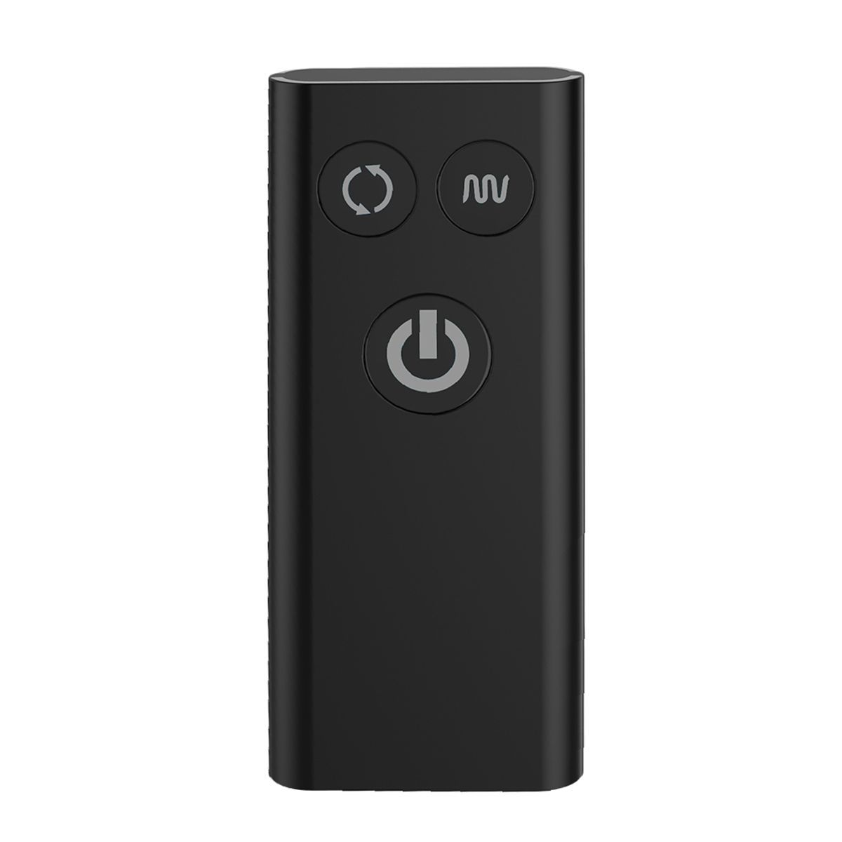 Schwarze Fernbedienung mit drei Symbolen: Kreispfeil, Wellenlinie und Ein/Aus-Taste. Auf hellem Hintergrund.