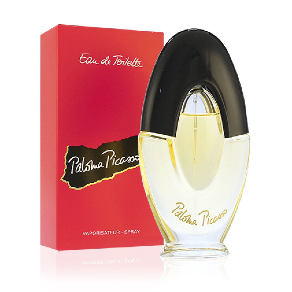 Parfumflakon und Verpackung. Flakon oval, schwarzer Deckel, klare Flüssigkeit. Rote Verpackung mit Logo und Schriftzug.